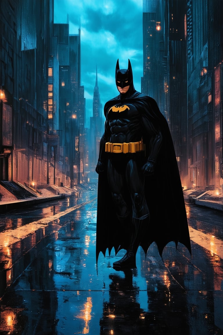 A darkened cityscape at dusk, with neon lights reflecting off wet pavement. Batman stands tall in the shadows, his cape fluttering in the gentle breeze, as he gazes out upon the Gotham City skyline. His eyes burn with determination, his fists clenched in anticipation of the next move to take down the Joker.