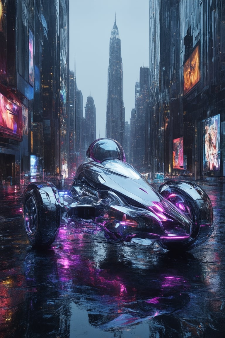 A futuristic cityscape at dusk, with holographic advertisements casting a colorful glow on the wet pavement. In the center, a sleek, silver hoverbike (the Holo Dyss) hovers above the ground, its metallic body reflecting the vibrant lights of the city. The pilot's helmet and gloves glisten in the fading light, as they gaze out at the towering skyscrapers.