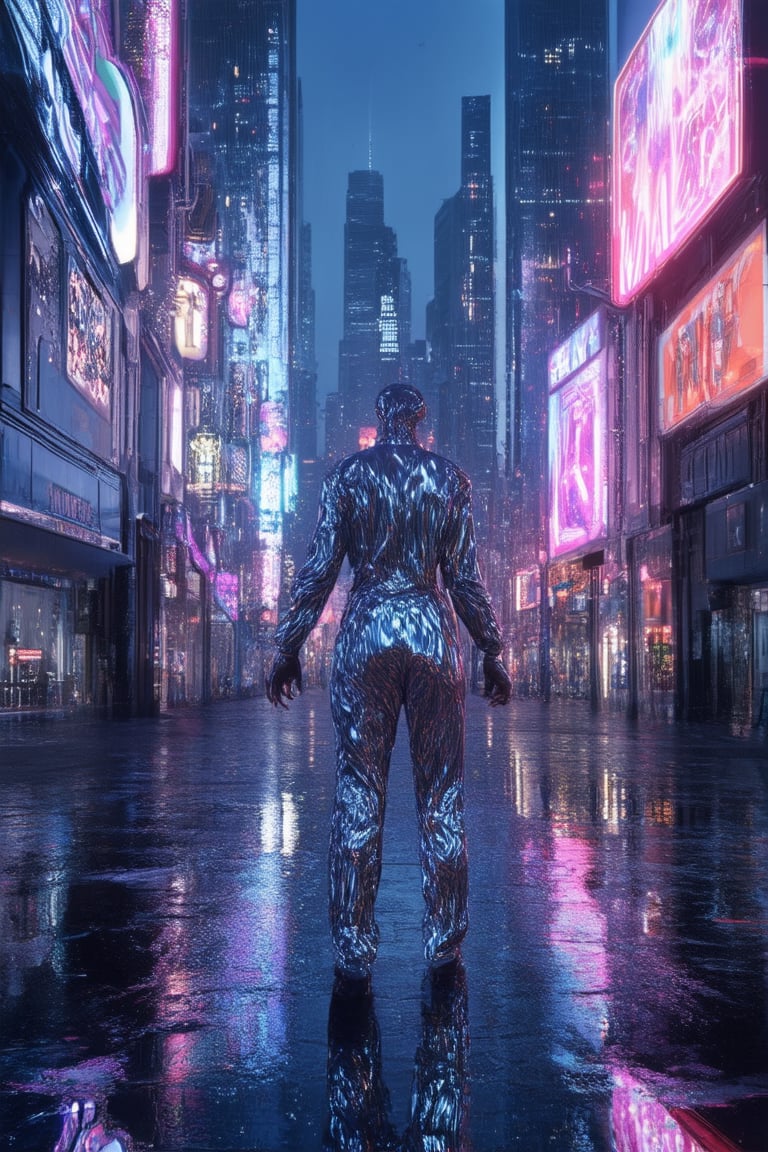 A futuristic cityscape at dusk, with a holo-advertisement hovering above the city's main street. The neon-lit signs and towering skyscrapers reflect off the wet pavement, casting a kaleidoscope of colors. In the foreground, a lone figure in a sleek jumpsuit stands before a holographic portal, arms outstretched as if embracing the shimmering light.