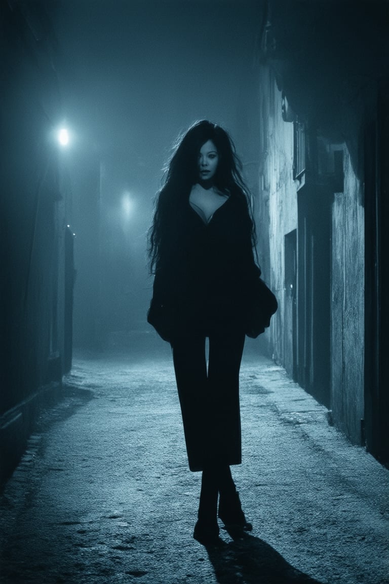 A hauntingly beautiful scene: a model stands alone in a dimly lit alleyway, surrounded by towering shadows that seem to whisper secrets. Her porcelain skin glows like moonlight as she gazes downward, her raven tresses cascading like night itself. The air is heavy with mystery and longing, the only sound the distant hum of city lights, casting an eerie glow on the darkened pavement.