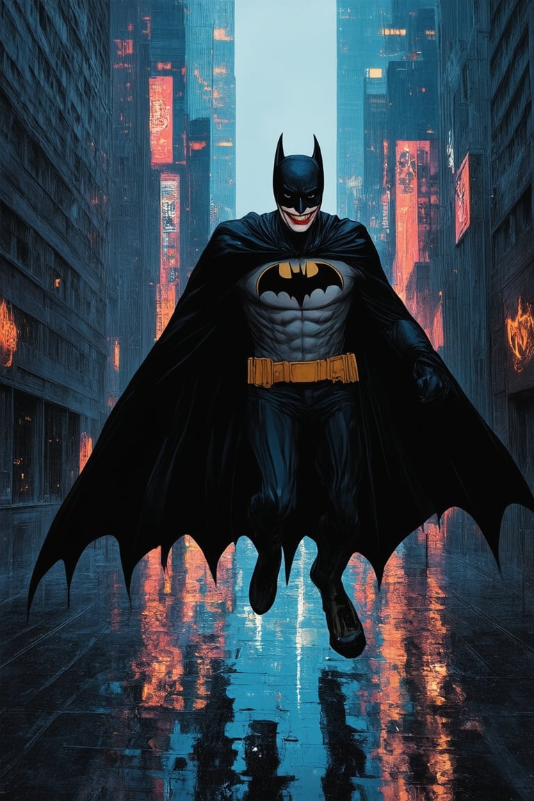 A dark and gritty cityscape at dusk, with towering skyscrapers and neon lights reflected in a wet street. In the foreground, Batman's iconic silhouette is captured mid-leap, his cape billowing behind him as he surveils the crime-ridden streets below. The Joker's maniacal grin taunts from the shadows, while Bat-symbols etched into nearby walls serve as a beacon of hope for the city.