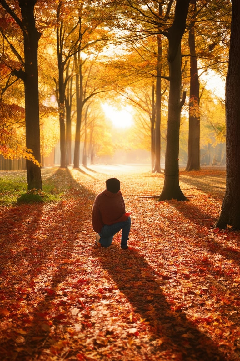 Golden hues of autumn: a warm sun casts long shadows across a crimson-leafed forest floor, where a lone figure in a cozy sweater and jeans kneels to gather fallen maple leaves, the rustling sound filling the crisp air as nature's final dance begins.