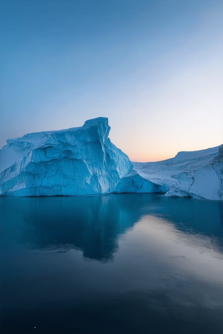 A majestic iceberg rises from the depths of a mystical lake, its crystalline structure glimmering with an ethereal light as the sun dips below the horizon. The surrounding misty veil is tinted with hues of sapphire and amethyst, while the ice's rugged contours evoke a sense of ancient mystery.