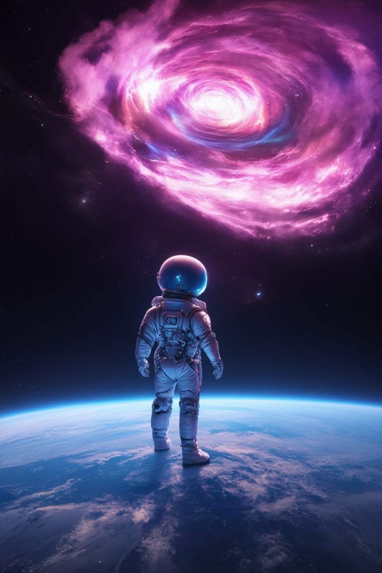 A futuristic space station suspended in a swirling vortex of pink mist, against a deep purple-black background. The curved, neon-lit structure glows with an otherworldly intensity, surrounded by wispy tendrils of iridescent fog. A lone astronaut, clad in gleaming silver armor, stands at the edge of the station, looking out into the vastness of space.