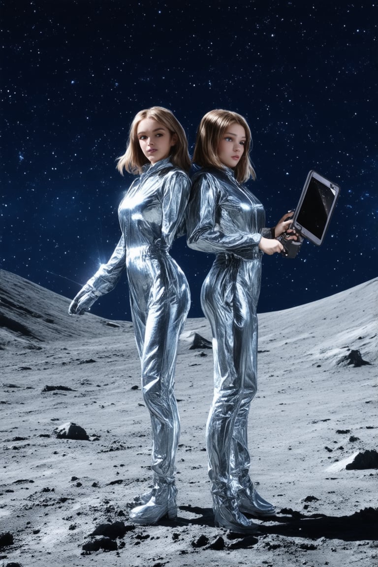 A retro-futuristic scene: Two Space Girls in silver jumpsuits and knee-high boots stand back-to-back on a cratered moon surface. The sky is a deep indigo with stars twinkling like diamonds. One girl's hand holds a gleaming laser gun, while the other cradles a futuristic tablet. The duo's confident poses and synchronized hairstyles radiate a sense of sisterly camaraderie.