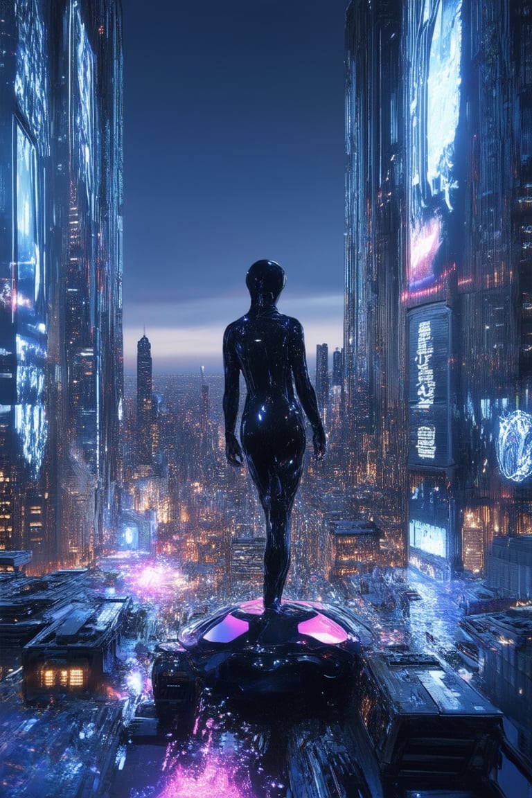 A futuristic cityscape at dusk, with holographic advertisements swirling around skyscrapers, as a lone figure in a sleek black jumpsuit stands atop a sleek hoverbike, gazing up at the holo-dyss projections dancing across the city's towering structures. Soft neon lights illuminate the darkening sky.