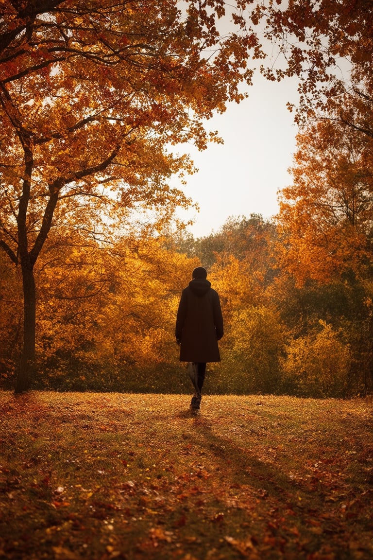 A warm golden light falls upon a serene forest glade, where amber-hued leaves crunch beneath the feet of a solitary figure, dressed in earthy tones, walking away from the camera. The autumnal landscape is alive with vibrant colors, as branches heavy with ripened fruit stretch towards the sky, while the distant trees stand tall, their canopies ablaze with fiery oranges and reds.