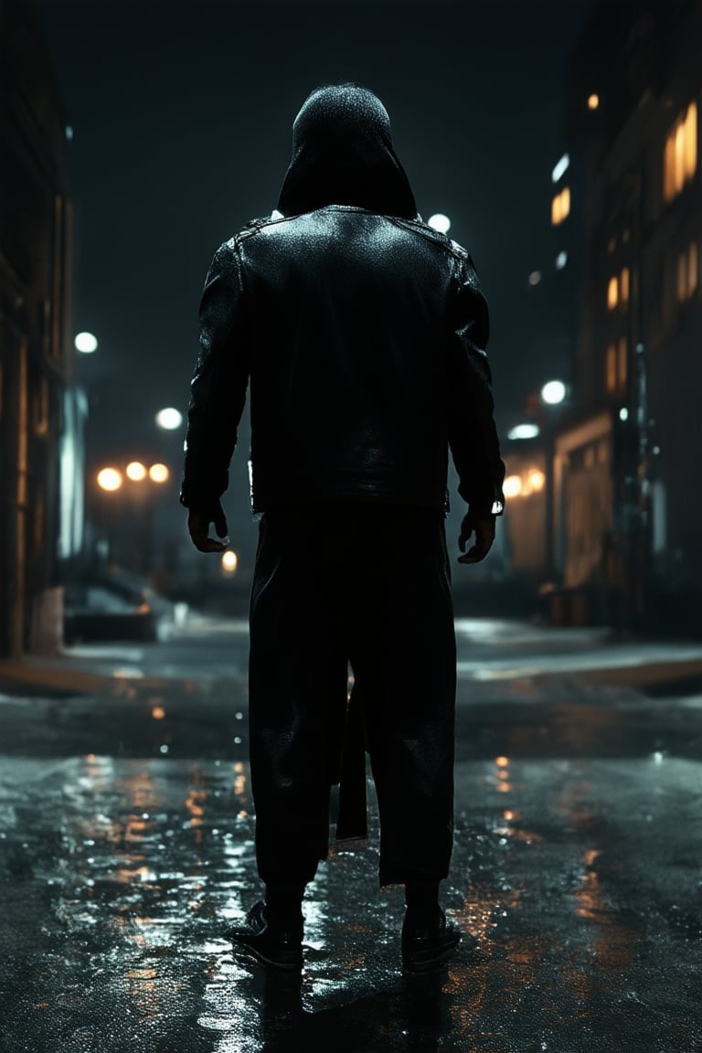 A dark hero stands tall, shrouded in shadows. The camera captures a low-angle shot of his figure, lit only by the faint glow of city lights reflecting off wet pavement. His black leather jacket and trousers blend with the night, as he gazes out at the cityscape with a brooding intensity.