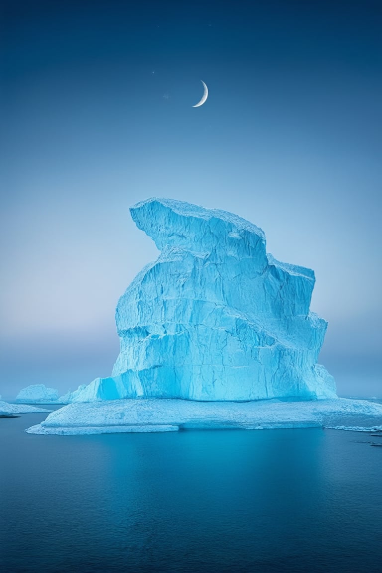 A majestic iceberg rises from the misty horizon, its crystalline facade glistening with an otherworldly glow. Framed by a crescent moon and star-studded sky, the iceberg's rugged edges seem to defy gravity as it pierces the darkness. Soft, ethereal lighting casts an icy blue hue, while delicate frost patterns dance across its surface like intricate filigree.