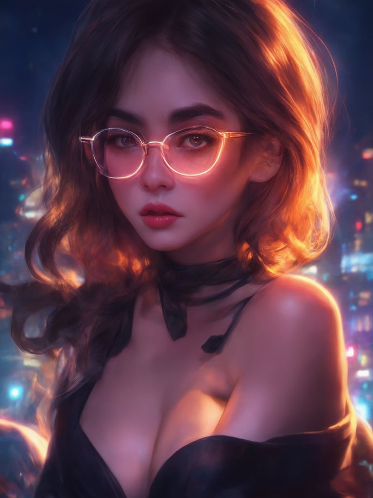 A cyberpunk beauty, adorned with clear neon glasses, sits amidst a futuristic cityscape. Softly lit by warm hues of orange and pink, her golden-ratio composed face shines with intricate details. Eyes gleam with subtle sparkle, while her decadent outfit ripples with smooth, sharp focus. In the background, a deep, vibrant cityscape unfurls, punctuated by light leaks and subsurface scattering. Rim lighting adds depth to her features, as she exudes heartwarming charm and uplifting energy. Illustrated in stunning 32K UHD, this masterpiece is reminiscent of Artgerm's and Loish's works.