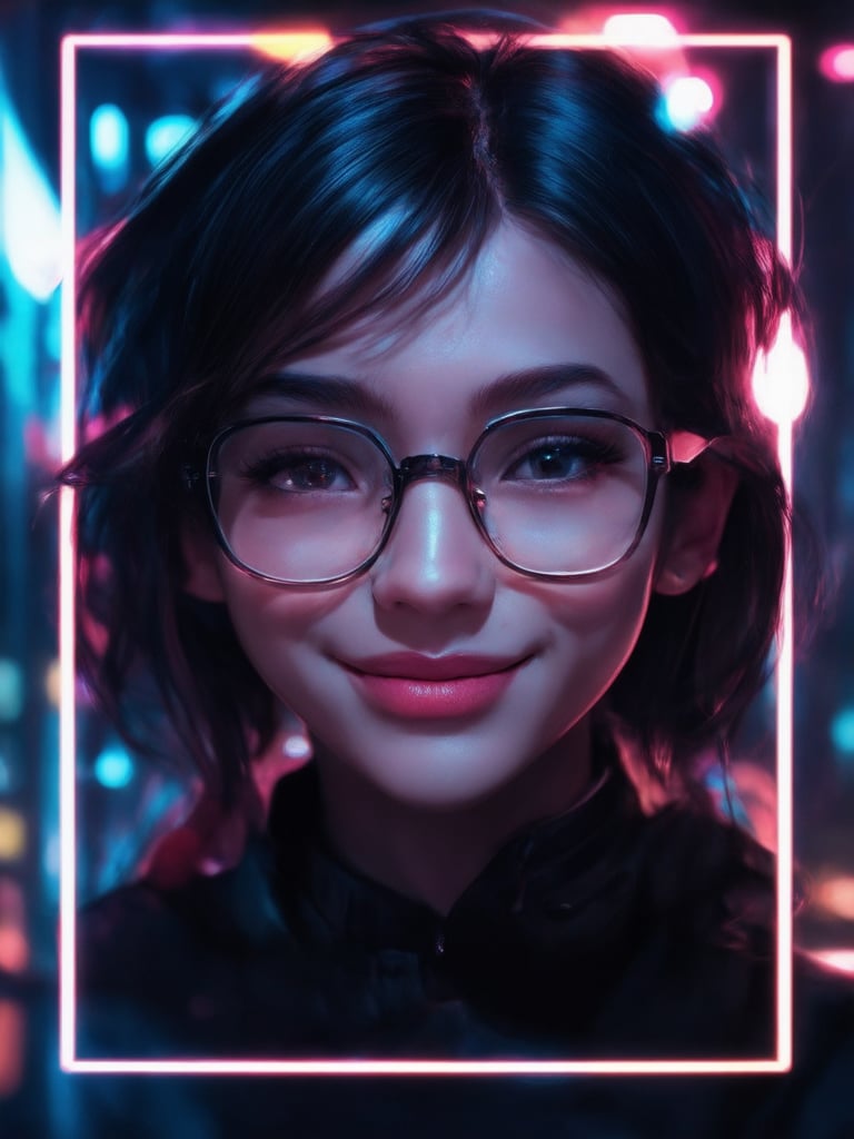 In a neon-drenched cyberpunk cityscape, a captivating girl with clear glasses shines like a beacon. Framed by the golden ratio, her face is a masterpiece of intricate details, set against a decadent backdrop of vibrant complementary colors. Smooth, sharp focus brings out the highest quality illustration, reminiscent of artgerm's and loish's works. Subsurface scattering and rim light accentuate her features, while subtle light leaks add warmth to the scene. UHD resolution reveals every detail, from her charming smile to the intricate textures of her cyberpunk attire.