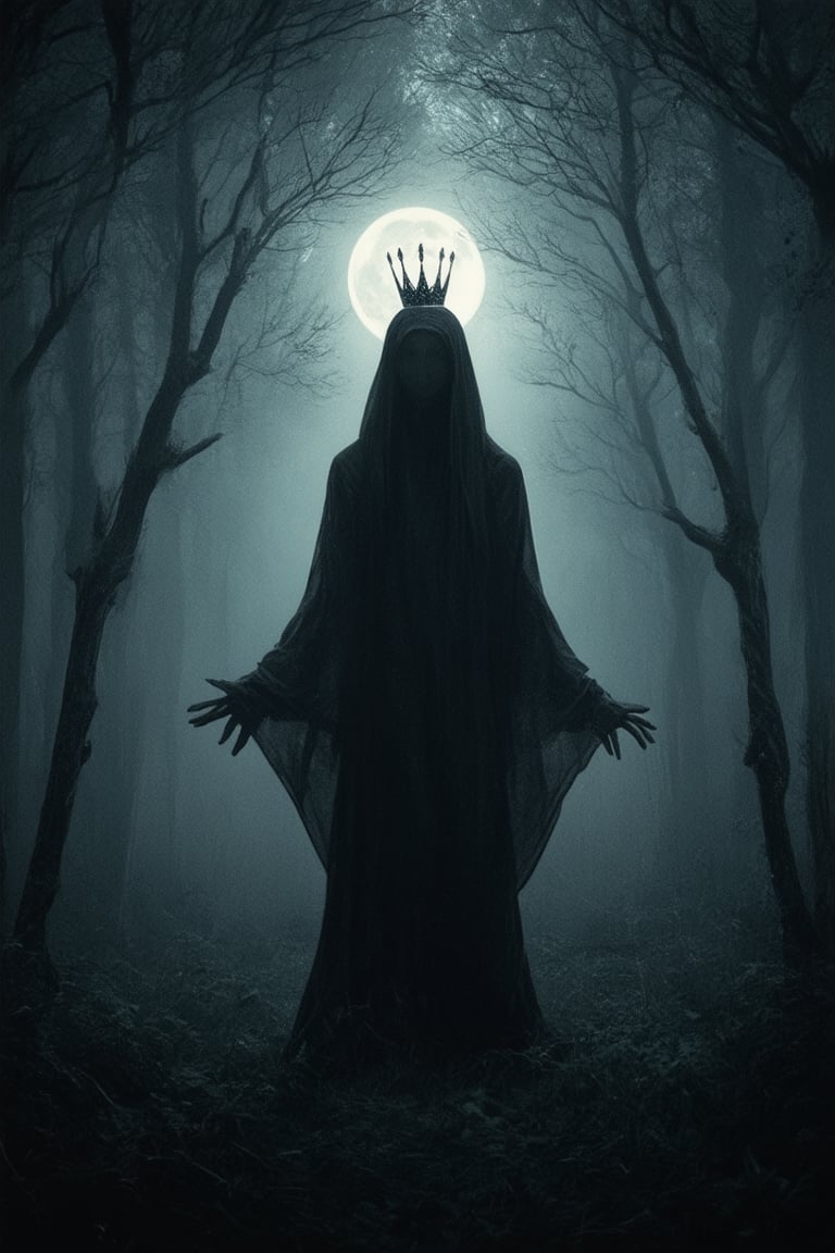 A hauntingly beautiful prompt! Here's a descriptive image prompt:

A mysterious figure stands at the edge of a dense forest, shrouded in darkness. The only light comes from a full moon hanging low in the sky, casting an eerie glow on the subject's features. A delicate, intricate crown adorns their head, shining with a faint, otherworldly sheen. The trees loom large, their branches like skeletal fingers reaching out to ensnare the figure, as if trying to keep them trapped in this dark, enchanted realm.