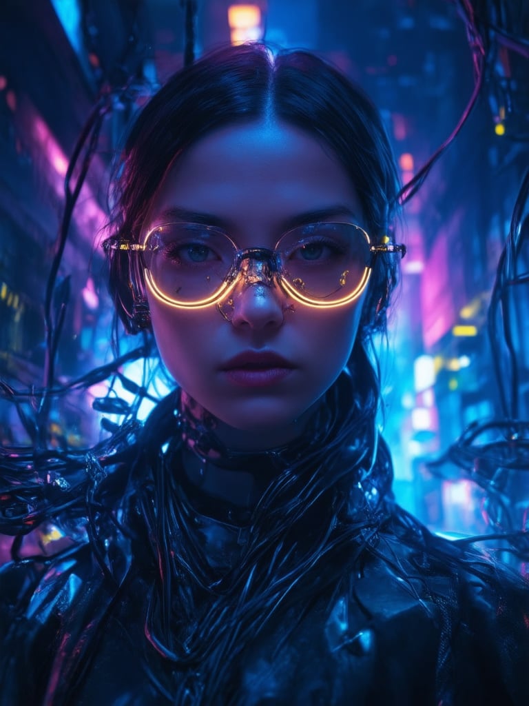 A cyberpunk beauty dons clear neon glasses, her gaze piercing through the dark cityscape. Against a backdrop of vibrant blues and purples, she stands amidst a tangle of wires and machinery, her intricate cybernetic enhancements glinting like gold in the soft, rim-lit glow. Golden ratio details dance across her face, where sharp focus captures every expression. The atmosphere is alive with light leaks and subsurface scattering, as if the very city itself is radiating an otherworldly energy.