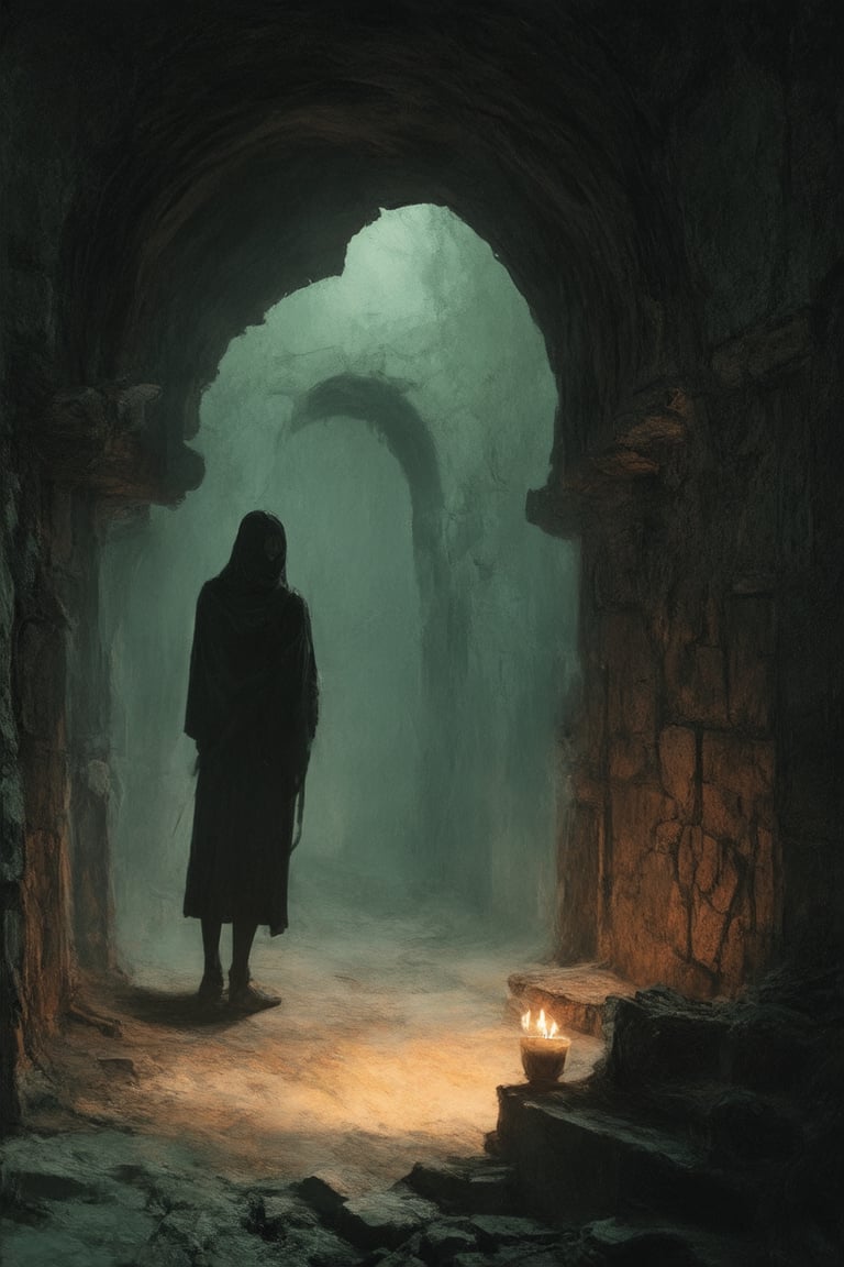 A hauntingly beautiful scene unfolds: a dimly lit, mysterious chamber bathed in an eerie, flickering candlelight. Shadows dance across ancient stone walls, as a lone figure stands poised at the edge of a worn, leather-bound tome. The subject's features are obscured by darkness, yet their presence exudes an air of foreboding and intrigue.