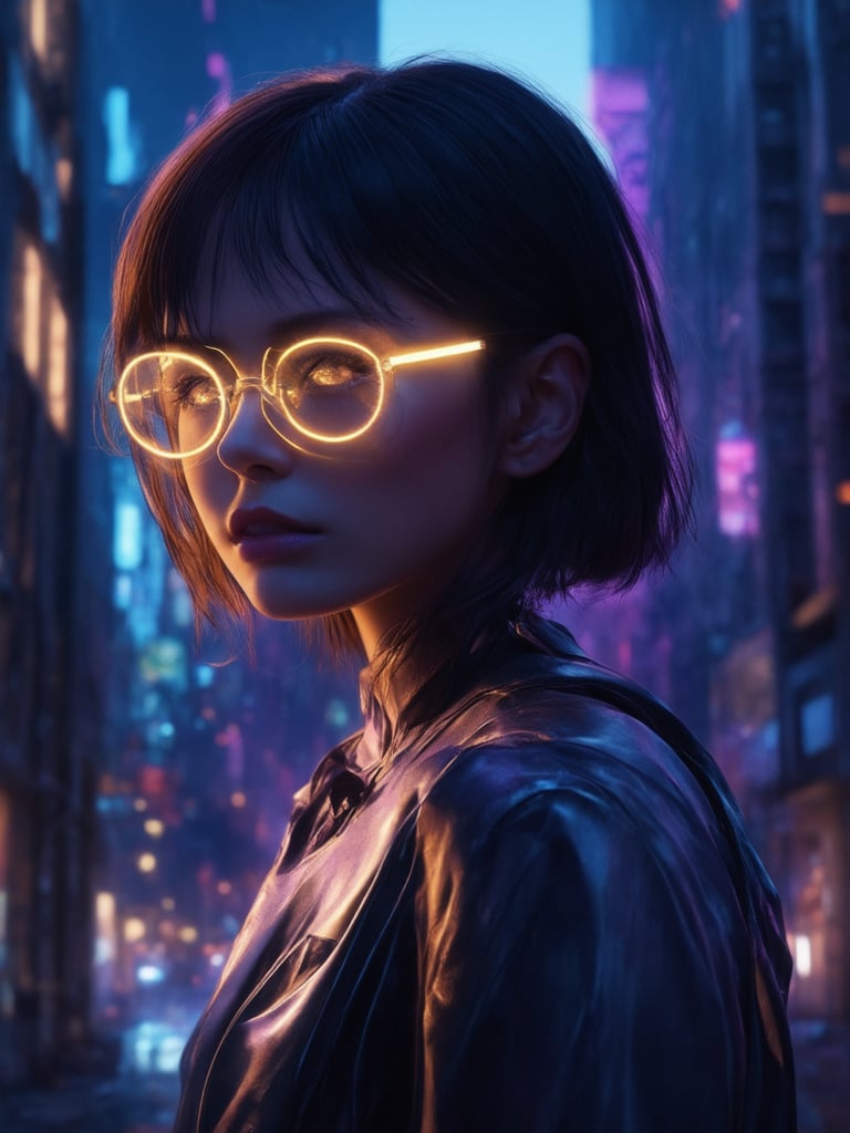 In a dystopian metropolis, a cyberpunk girl with clear neon glasses and intricate, decadent details gazes out at the viewer. The golden ratio guides her pose as she stands amidst a vibrant cityscape. Golden light leaks through subsurface scattering, highlighting her detailed face and eyes. Rim light accentuates her profile, while deep background hues of indigo and violet create a sense of depth. Complementary colors pop against the city's metallic grime, all set within a 32k UHD masterpiece.