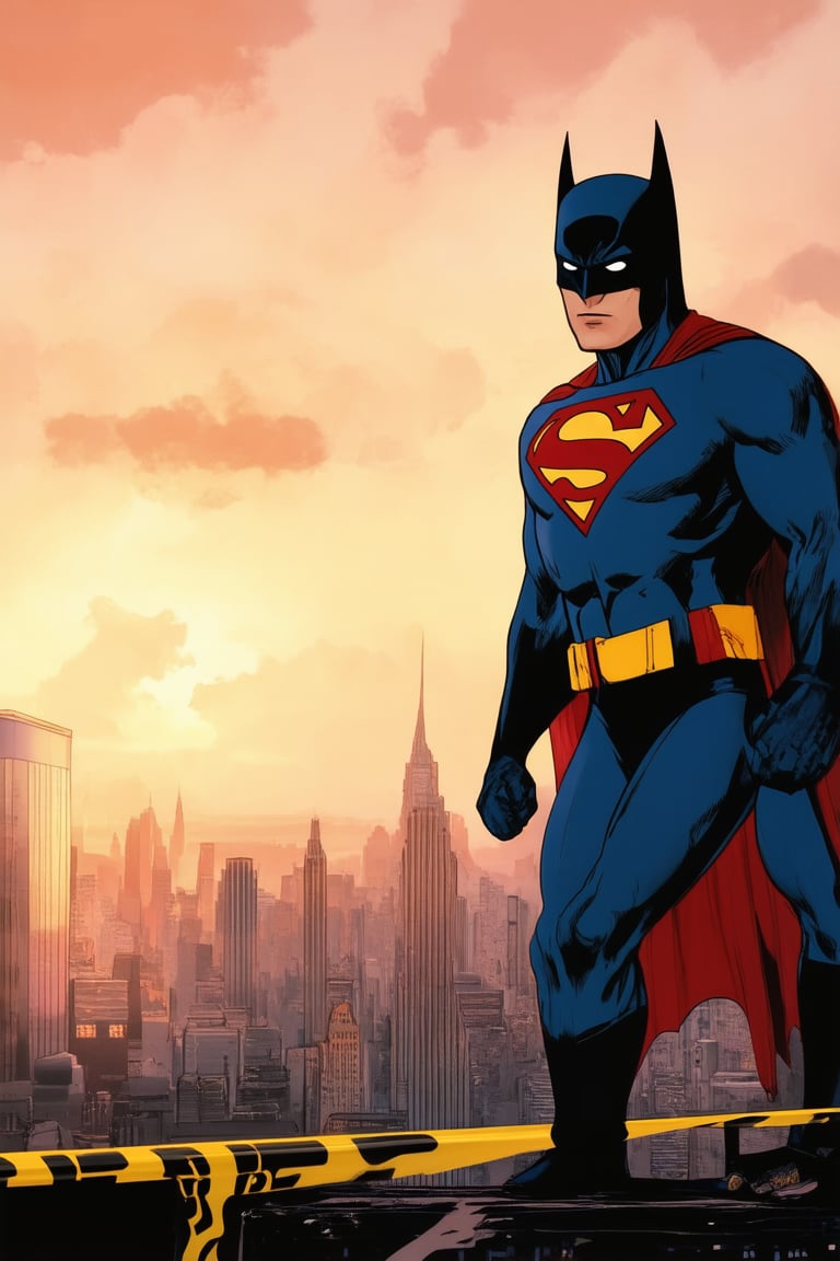 A dark and gritty cityscape at sunset, with iconic DC Comics characters in a dynamic pose. Superman stands tall, his blue suit glowing against the fiery sky as he looks out over Metropolis. In the foreground, Batman crouches low to the ground, eyes fixed intently on a crime scene investigation. The Bat-Signal casts a dramatic glow, illuminating the heroes' determination.