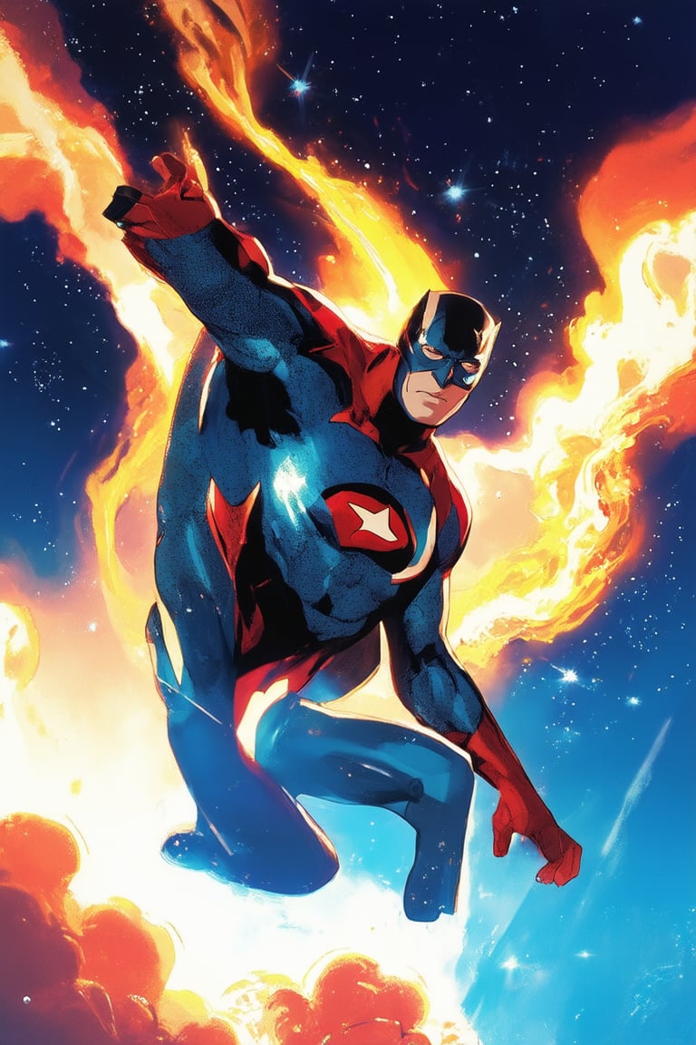 A bright, bold, and vibrant Marvel-themed illustration featuring a dynamic superhero in a heroic pose, surrounded by swirling clouds of colorful energy, set against a deep blue night sky with stars shining through. The subject's suit glistens with a radiant glow, as if infused with the power of the cosmos.