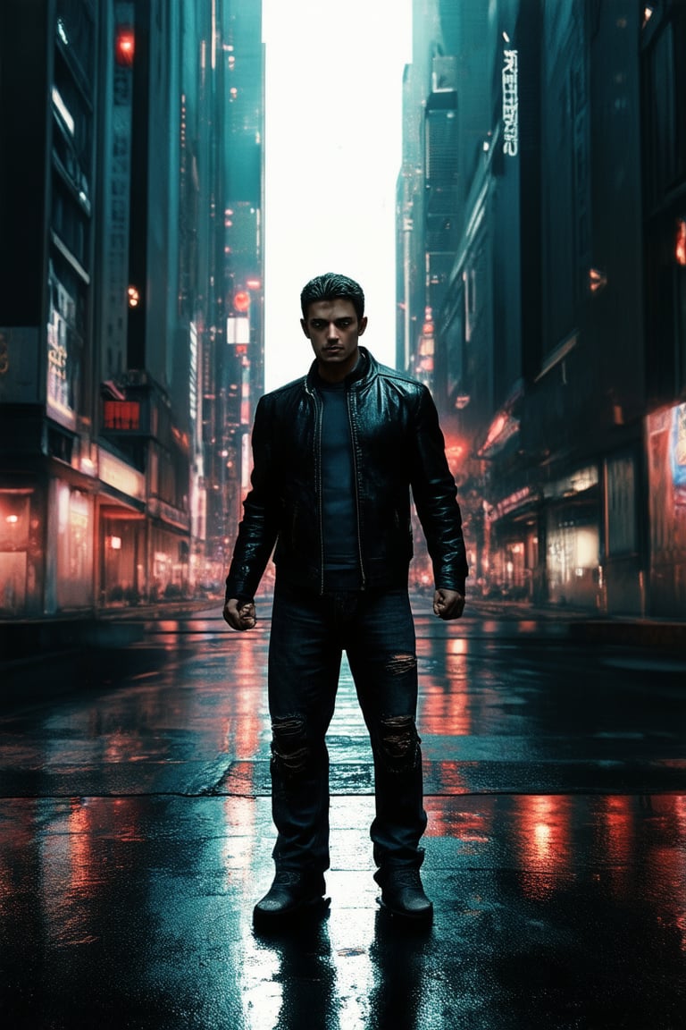 Midnight cityscape with towering skyscrapers and neon lights reflecting off wet pavement, a lone figure emerges from the shadows: a dark hero clad in black leather jacket and torn jeans, eyes gleaming like stars in the dark. He stands defiantly, fists clenched, against a backdrop of urban chaos.