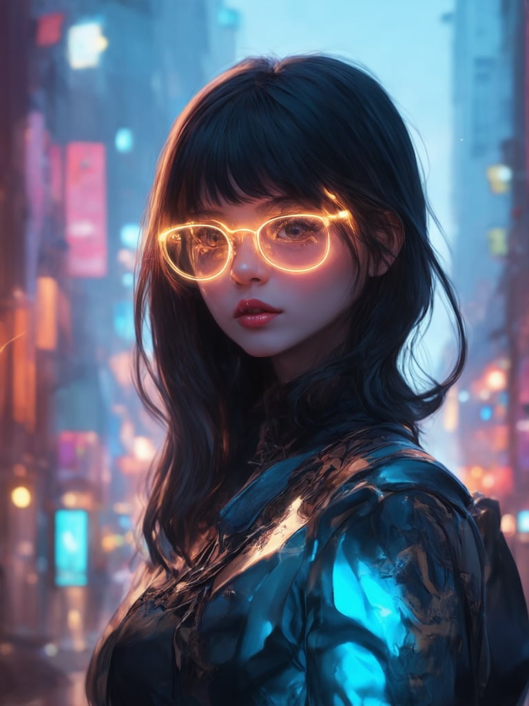 In a dystopian cyberpunk cityscape, a striking girl with clear neon glasses dominates the frame. Her intricate, decadent outfit is adorned with golden ratio details, blending seamlessly into the 32k UHD environment. The fantasy setting is bathed in beautiful lighting and shading, with subtle light leaks and subsurface scattering. A rim of warm light highlights her features, while vibrant complementary colors bring depth to the scene. Her eyes, detailed and expressive, draw attention to the center of the composition. Sharp focus and smooth transitions create a masterpiece of digital painting, reminiscent of art by Artgerm, Loish, or Wlop.