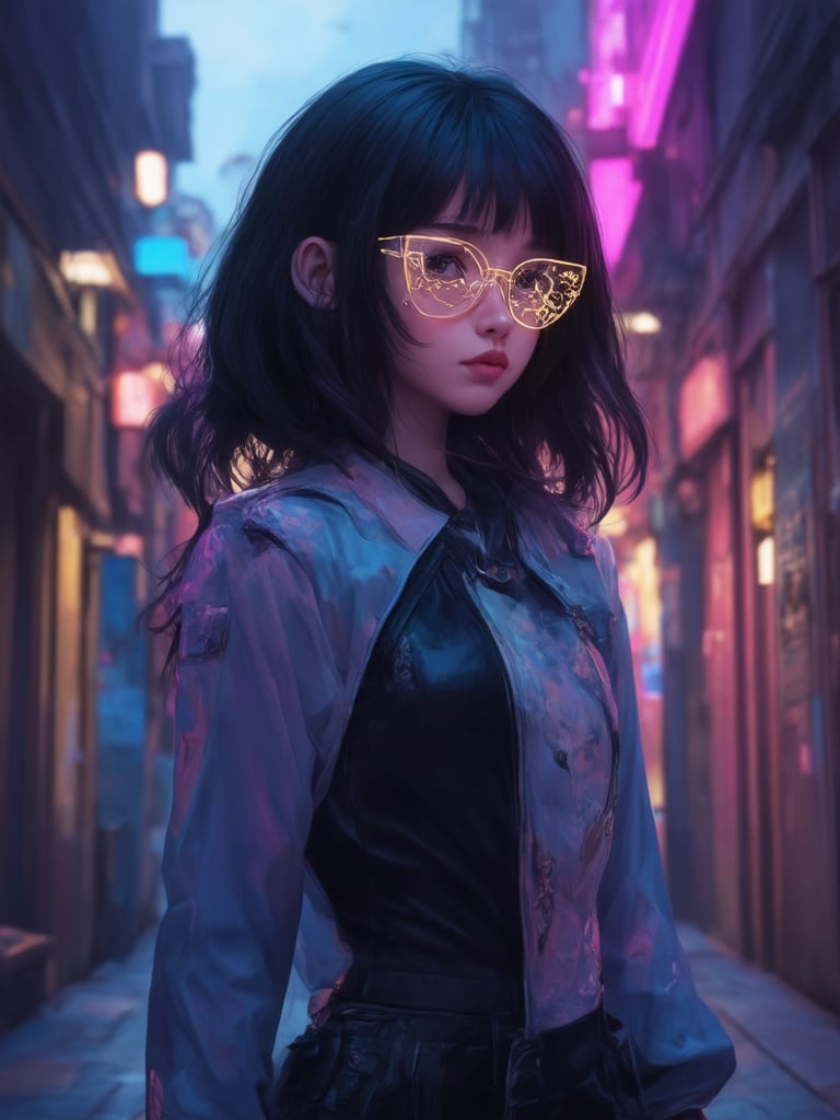 In a neon-lit alleyway, a cyberpunk girl dons clear glasses with intricate details, her gaze fixed on the horizon. Golden ratio patterns adorn her attire, as she stands amidst a decadent urban landscape. A masterpiece of digital painting, this 32k UHD illustration features sharp focus, ever after high-inspired fantasy and cyberpunk elements. Artstation-quality concept art by loish, wlop, or artgerm, with heartwarming, uplifting charm. Masterpiece details include rim light, subsurface scattering, light leaks, and vibrant complementary colors in the deep background.