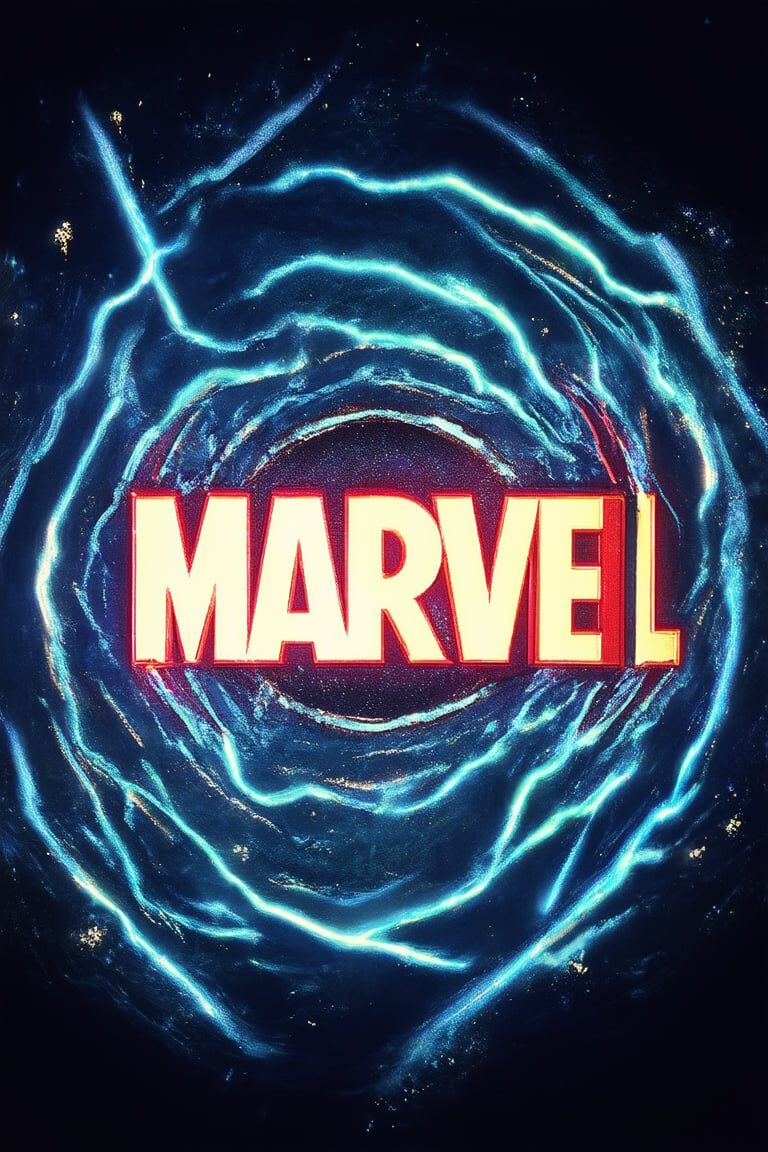 A vibrant, pulsing Marvel logo in bold, bright colors, set against a dark blue or black background to make it pop. The iconic lettering glows with an otherworldly energy, surrounded by intricate, swirling patterns reminiscent of cosmic rays.