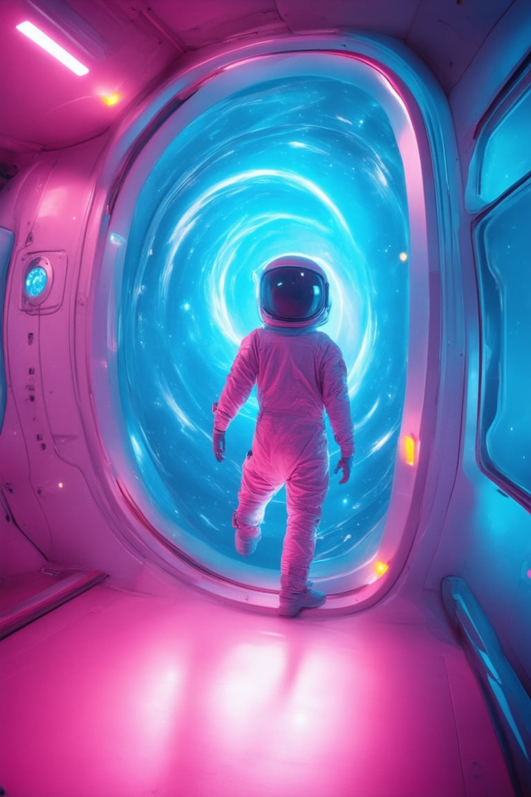 A futuristic 3D pink space scene: In a dimly lit, neon-lit spacecraft, a sleek, metallic interior glows with a soft pink hue. A lone astronaut, dressed in a reflective pink jumpsuit, floats near the window, gazing out at the swirling cosmos outside. The ship's control panel lights up with vibrant pinks and blues, casting an otherworldly glow.