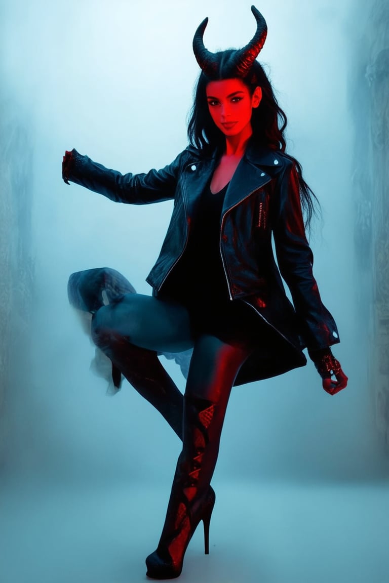 A sultry girl devil posing confidently in a dark, smoky environment with red lights casting an eerie glow on her skin and horns. She's wearing a black leather jacket, high heels, and a sly smile as she strikes a pose, surrounded by foggy mist and demonic symbols etched into the walls.