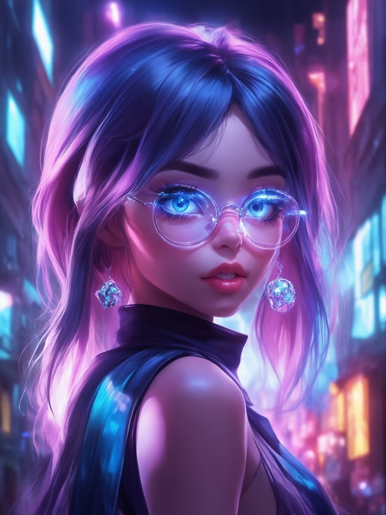 A cyberpunk girl stands out against a neon-lit cityscape, donning clear glasses that glow with an otherworldly intensity. Framed by the golden ratio, she exudes charm and allure. In stunning 32k UHD detail, her intricate facial features shine like precious jewels. The decadent atmosphere is heightened by vibrant complementary colors, subtle light leaks, and rim lighting that creates a sense of depth. Her eyes sparkle with an inner radiance, as if infused with the magic of Ever After High. (Masterpiece level illustration, art by Artgerm or Loish, smooth and sharp focus.)