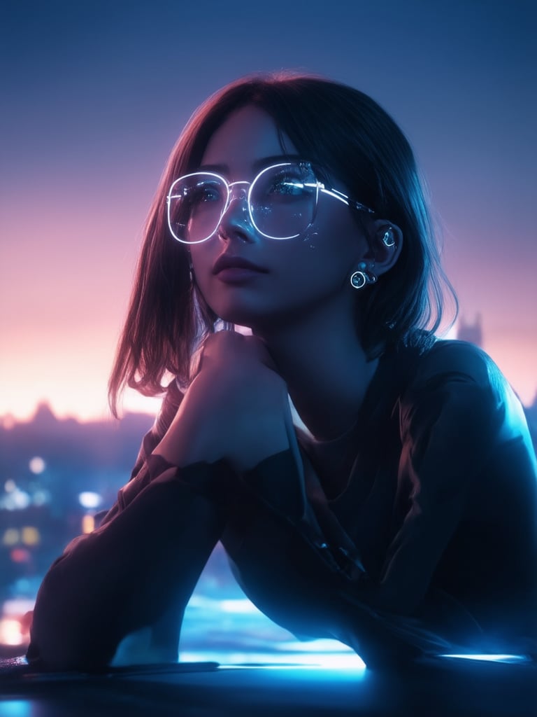 A cyberpunk girl with clear neon glasses sits confidently in the foreground of a mystical cityscape at dusk. Golden ratio details adorn her intricate cybernetic enhancements as she gazes upwards, lost in thought. The frame is filled with smooth, sharp focus and subtle depth cues. UHD rendering brings out the highest quality details on her face, from the sparkle in her eyes to the delicate contours of her skin. Light leaks and subsurface scattering create a warm, inviting glow, while rim light accentuates her features. In the background, a deep, vibrant cityscape hums with energy, illuminated by beautiful lighting and shading.