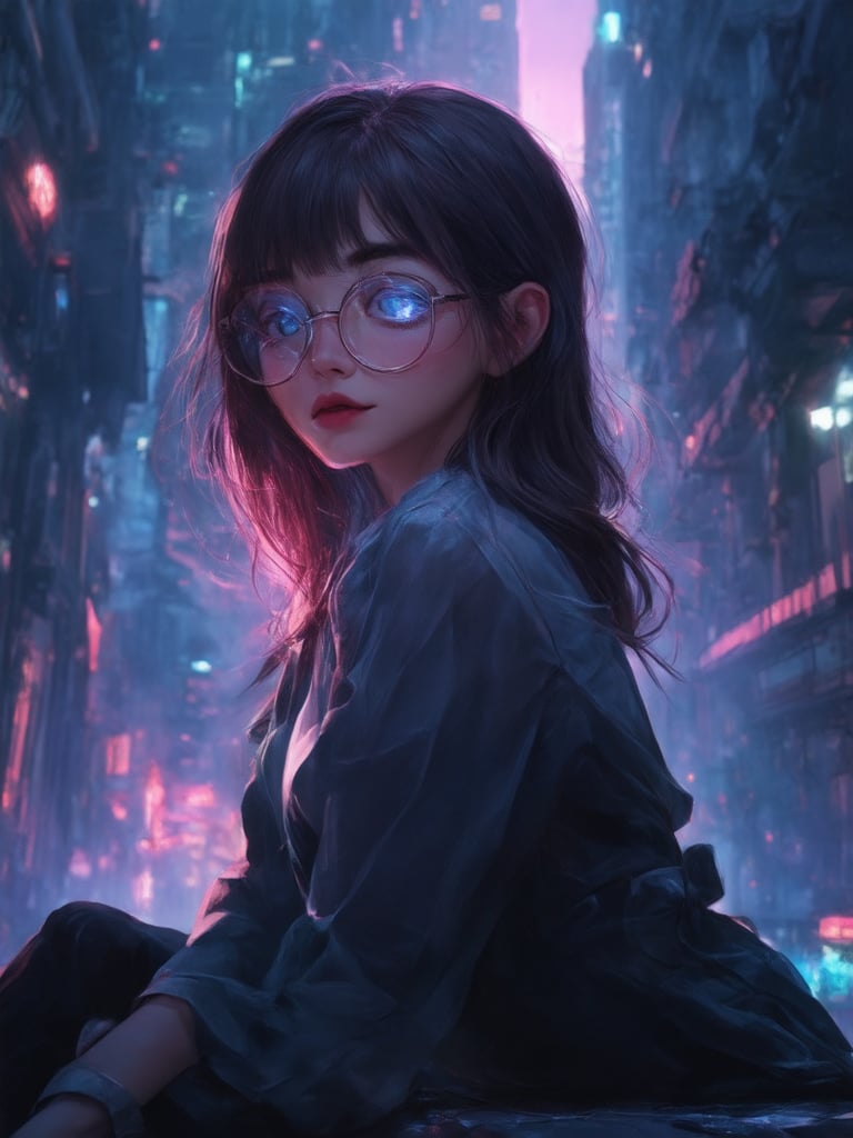 In a neon-drenched cyberpunk cityscape, a captivating girl with clear glasses and intricate details, inspired by the golden ratio, sits amidst a backdrop of futuristic skyscrapers. Her mesmerizing eyes, crafted with highest quality precision, gleam in 32k UHD resolution. The ever-after high fantasy world is brought to life through octane render, blending smoothly with her cyberpunk attire. Artgerm's signature style shines through in the loish-inspired illustration, where every stroke is a testament to Wlop's artistic mastery. Heartwarming, uplifting, and charming, this digital painting radiates warmth amidst a sea of cold machinery, its rim light and subsurface scattering creating an aura of depth and dimensionality.