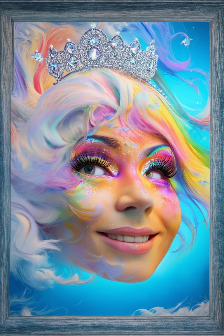 A 3D colorful face with a vibrant smile, framed by swirling clouds of pastel hues, against a bright blue background. The subject's eyes sparkle like diamonds, surrounded by bold, rainbow-colored eyelashes. A delicate, glittering tiara adorns the forehead, as soft, fluffy hair flows around the face in every direction.