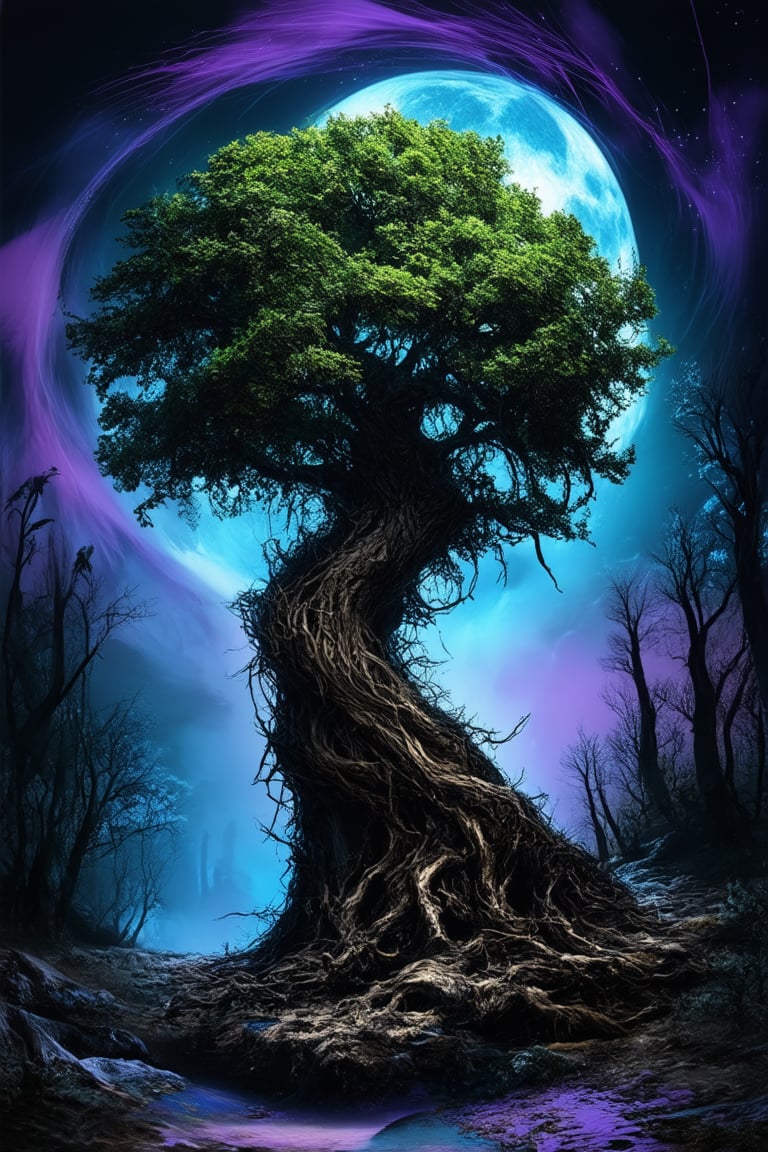 A surrealistic dreamscape: A majestic acient tree, its gnarled branches twisted in impossible ways, stands tall amidst a swirling vortex of purple and blue mist. The dreamlike atmosphere is illuminated by soft, ethereal moonlight, casting an otherworldly glow on the surrounding landscape.