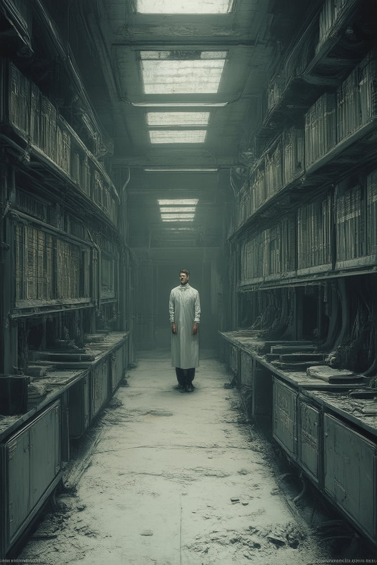 A dimly lit, futuristic laboratory is shrouded in an eerie silence. In the center, a lone scientist stands, surrounded by rows of humming machinery and towering shelves of dusty tomes. The only sound is the soft hum of equipment and the scientist's deliberate footsteps, as they navigate through the darkness.