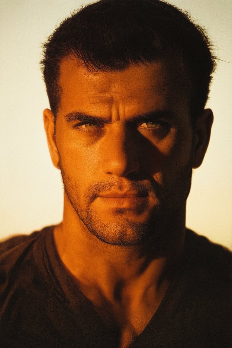 A close-up shot of Jero's face, with warm golden lighting highlighting his determined expression. His eyes seem to bore into the camera, as if challenging the viewer to question their assumptions. The composition is tight, focusing attention on Jero's rugged features, set against a neutral background that allows his intensity to shine through.