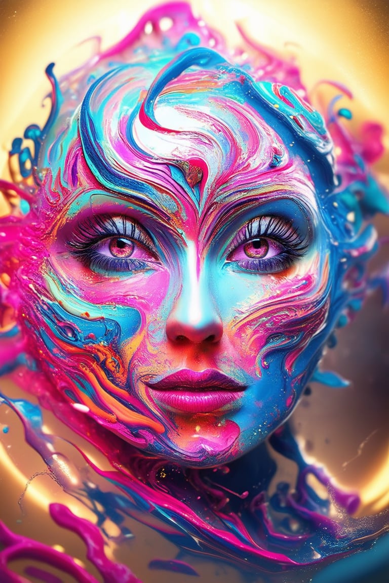 A vibrant 3D digital artwork features a whimsical, colorful face with swirling patterns of bright pink and blue hues dancing across the forehead. The subject's eyes sparkle with a mischievous glint as they gaze directly at the viewer, framed by a halo of golden light. Soft focus background allows the radiant facial artistry to take center stage.