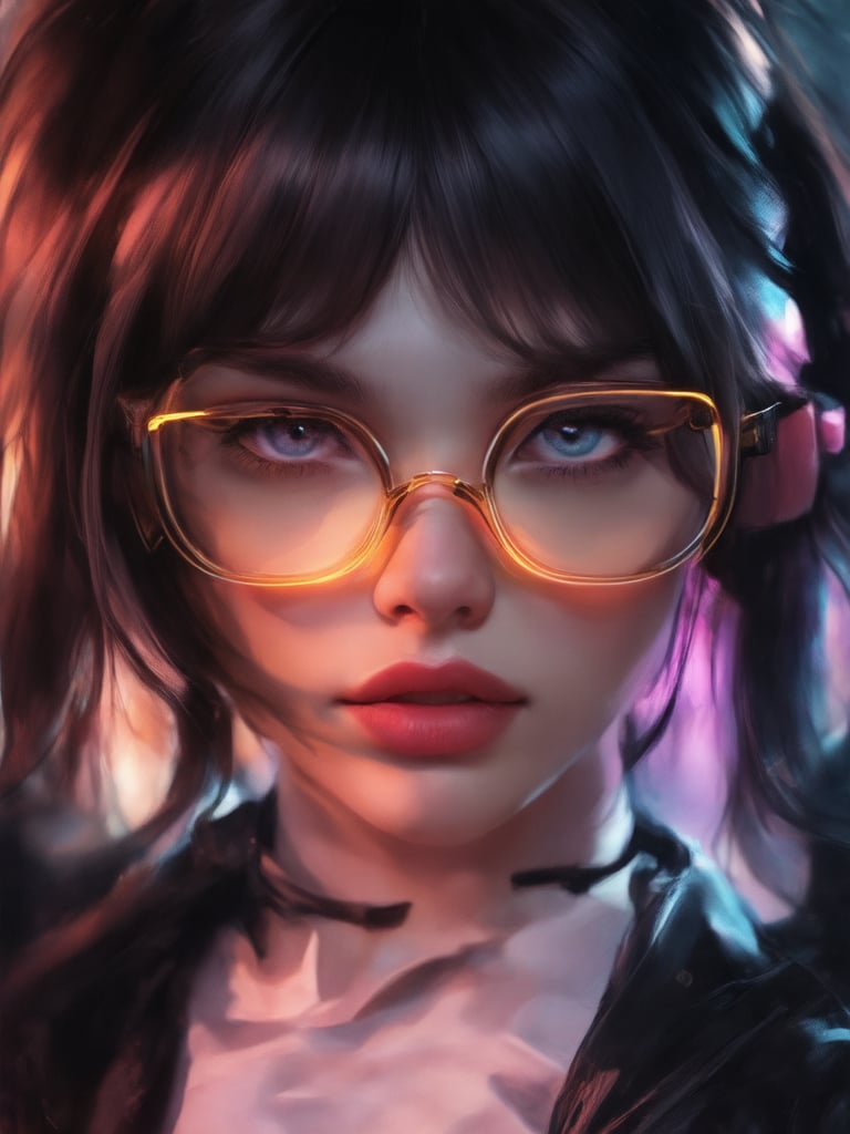 Similar graph, a cyberpunk girl, Wear clear neon glasses, cyberpunk., golden ratio details, 32k uhd, fantasy, cyberpunk, intricate, decadent, highly detailed, digital painting, ever after high, octane render, artstation, concept art, smooth, sharp focus, illustration, art by artgerm, loish, wlop. (heartwarming, uplifting, charming), (UHD, masterpiece, detailed eyes, detailed face, highest quality), (light leaks, subsurface scattering, rim light, beautiful lighting and shading, deep background, vibrant complementary colors, sharp focus)