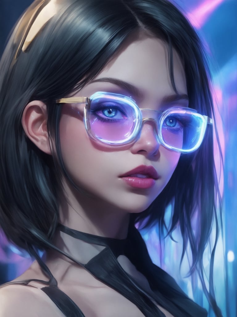 Similar graph, a cyberpunk girl, Wear clear neon glasses, cyberpunk., golden ratio details, 32k uhd, fantasy, cyberpunk, intricate, decadent, highly detailed, digital painting, ever after high, octane render, artstation, concept art, smooth, sharp focus, illustration, art by artgerm, loish, wlop. (heartwarming, uplifting, charming), (UHD, masterpiece, detailed eyes, detailed face, highest quality), (light leaks, subsurface scattering, rim light, beautiful lighting and shading, deep background, vibrant complementary colors, sharp focus)