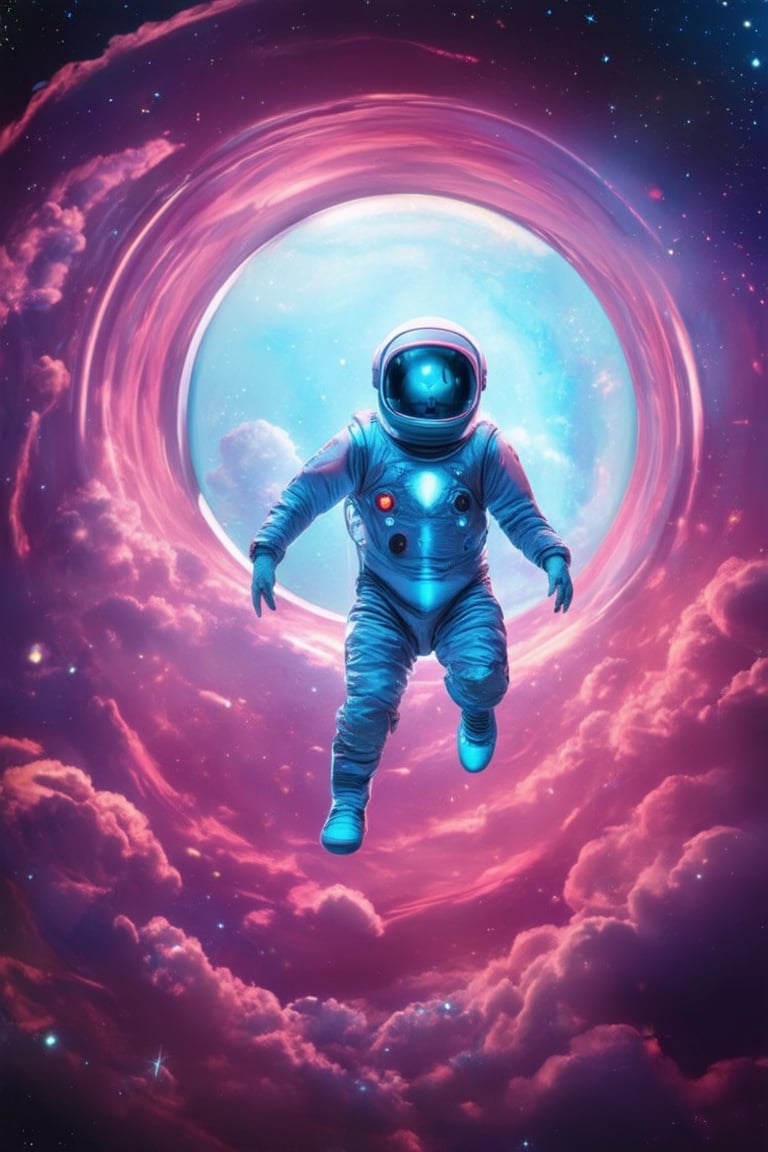 A futuristic astronaut floats in mid-air within a vibrant 3D pink space, surrounded by swirling clouds of iridescent particles. The subject's spacesuit glows with a soft blue light, contrasting against the intense pink hue. Framed by a circular window, the astronaut's pose conveys weightlessness and wonder, set against a backdrop of stars twinkling like diamonds.