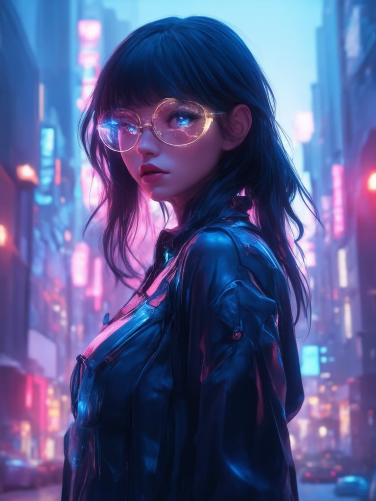 A cyberpunk siren stands amidst a neon-lit metropolis at dusk. Clear glasses refracting hues of blue and pink, her gaze gleams with intrigue. Golden ratio details adorn her attire, as she surveys the futuristic landscape. In 32K UHD resolution, every strand of hair and intricate design is meticulously rendered. Amidst the fantasy-cyberpunk fusion, her face radiates warmth, with heartwarming, uplifting charm. Masterpiece-level details - sharp focus on her eyes, highest quality rendering - immerse us in this Octane-rendered world. ArtStation-worthy concept art by Loish and WLOP, blending smooth lines and decadent textures.