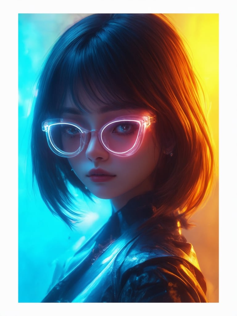 A mesmerizing cyberpunk girl donning clear neon glasses, bathed in warm golden ratio harmony. Set against a vibrant backdrop, she's framed by a subtle light leak, with subtle rim light accentuating her features. Her intricate, decadent outfit glows under subsurface scattering, while detailed eyes and face sparkle with an ever-so-fine focus. In 32k UHD, this masterpiece radiates warmth and charm, reminiscent of artstation and concept art from renowned artists like Artgerm, Loish, and Wlop.