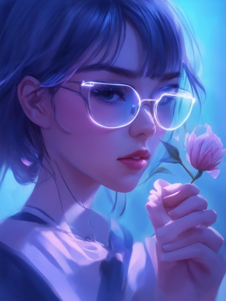 A cyberpunk princess with clear neon glasses gazes wistfully into the distance, framed by a subtle gradient of indigo and purple hues. The golden ratio is subtly incorporated through the curves of her slender fingers holding a delicate flower stem. In this 32k UHD digital painting, intricate details like wispy eyelashes and soft lips are showcased with smooth, sharp focus. Inspired by Artgerm's style, Loish's whimsy, and WLOP's mastery, this concept art features vibrant complementary colors, deep background, and beautiful lighting effects, including light leaks, subsurface scattering, and rim light, creating a heartwarming, uplifting, and charming masterpiece.