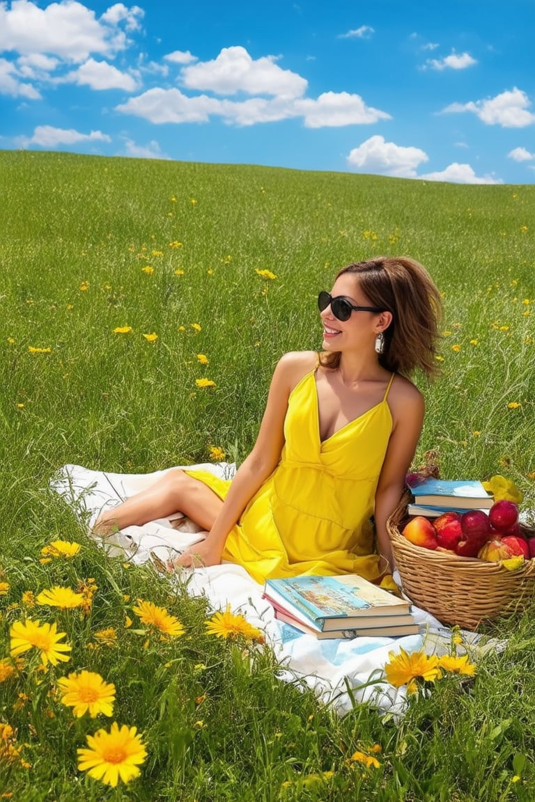 A warm sunny day in July, a bright blue sky with only a few puffy white clouds scattered across it. A lush green meadow stretches out before us, filled with vibrant wildflowers of every color, swaying gently in the breeze. A young woman in a yellow sundress and sunglasses sits on a blanket, surrounded by a basket of fresh fruit and a few beach books, soaking up the sun's warm rays.