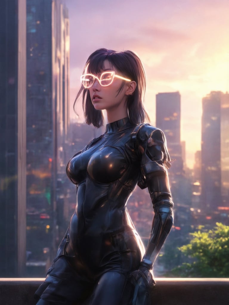 A cyberpunk girl with clear neon glasses shines brightly against a vibrant cityscape at sunset. Golden ratio details dance across her intricate, decadent attire as she poses confidently in the foreground. Soft light leaks and subsurface scattering enhance the rim lighting, casting a warm glow on her detailed face and captivating eyes. Deep background buildings and lush greenery create depth, while complementary colors pop against the smooth, sharp focus illustration. Art by Artgerm-esque style.