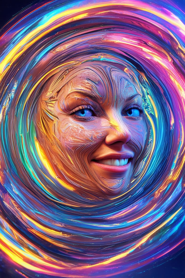 A vibrant 3D rendering of a face, framed in a bold, neon-lit circular composition with swirling colors and textures. The subject's features are prominently lit, showcasing bright blue eyes, a wide smile, and rosy cheeks. Delicate, swirling patterns dance across their skin, as if infused with the energy of a kaleidoscope.