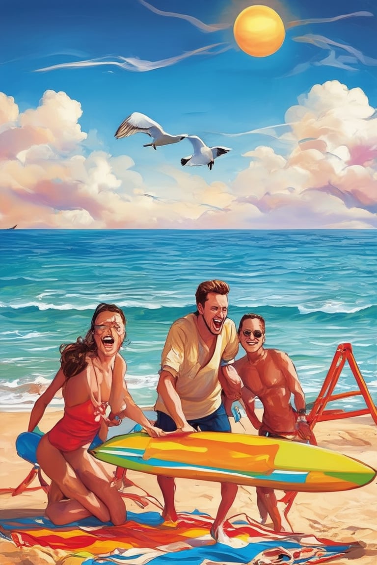 A warm sun casts a gentle glow on a serene beach scene. A group of friends, laughing and smiling, gather around a colorful picnic blanket. The sky above is a brilliant blue, with only a few wispy clouds drifting lazily across the horizon. A surfboard leans against a lifeguard stand in the distance, while seagulls fly overhead, adding to the carefree atmosphere.