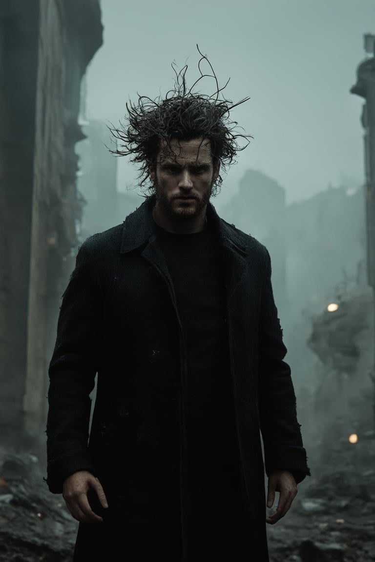 A dark hero emerges from the shadows, standing atop a dusty, crumbling cityscape. The only light comes from a flickering streetlamp, casting an eerie glow on his brooding features. His eyes burn with intensity as he gazes out upon the desolate wasteland, his jawline defined by a scruff of stubble. He wears a tattered black coat, flapping open to reveal a darkening cityscape in the background, while the wind whips through his messy hair.