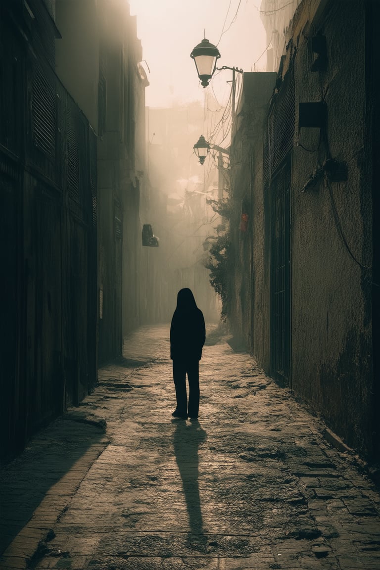 A moody, dimly lit alleyway at dusk, with crumbling brick walls and rusty metal grates casting long shadows. A lone figure, shrouded in darkness, stands silhouetted against the faint glow of a distant streetlamp. The air is heavy with tension, as if secrets lurk in every corner.