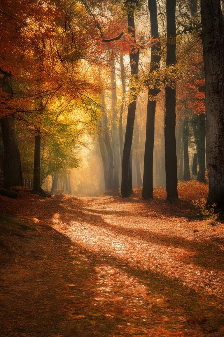 A serene autumn landscape with warm golden light casting long shadows across the rustic forest floor. Vibrant leaves of orange, yellow, and red rustle in the gentle breeze, surrounded by towering trees adorned with delicate wisps of fog.