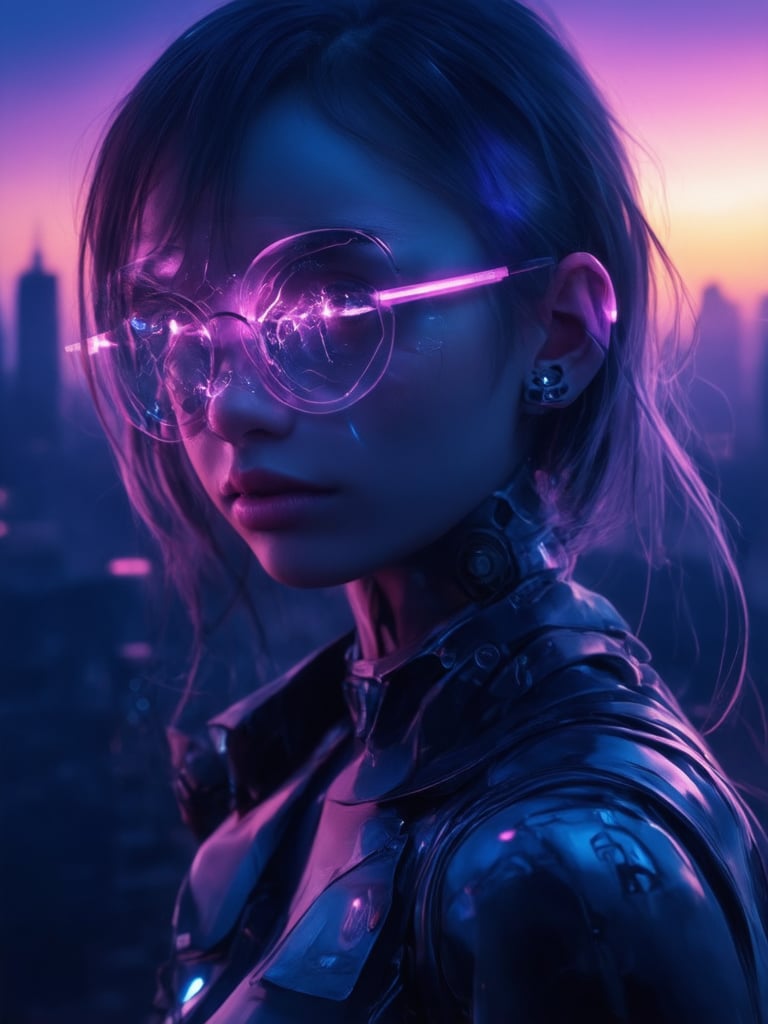 A cyberpunk girl with clear neon glasses stands against a cityscape at sunset, her gaze piercing through the gloom. Intricate details of golden ratio patterns adorn her cybernetic implants, amidst decadent folds of digital circuitry. Her face, a masterpiece of detailed features and highest quality rendering, is bathed in warm rim light, complemented by vibrant hues of pink and purple. The background, a deep gradient of blues and purples, recedes into the distance, while subtle light leaks and subsurface scattering add depth to her smooth, sharp-focused visage.