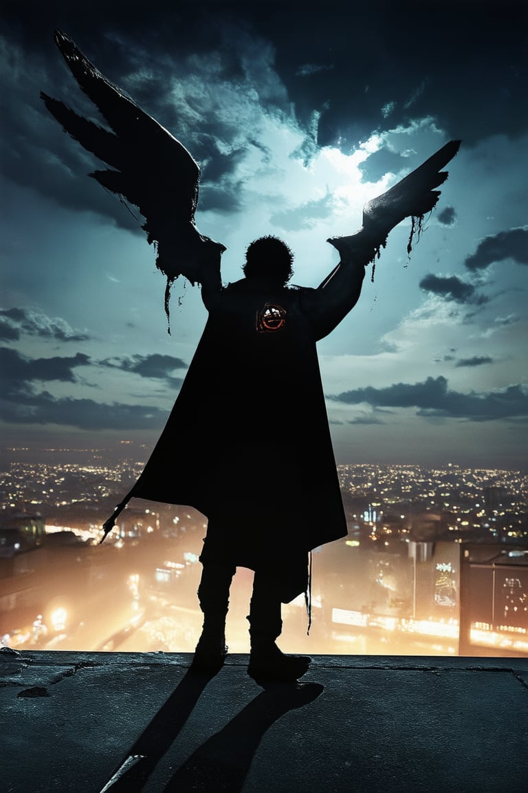 Midnight sky with scattered city lights in the background, a lone figure stands atop a worn concrete rooftop. Dark hero's silhouette is defined by the faint moonlight, his piercing gaze fixed on some distant point. Tattered cape billows behind him like a dark wing, as he grasps the edge of the rooftop, poised for a leap into the shadows.